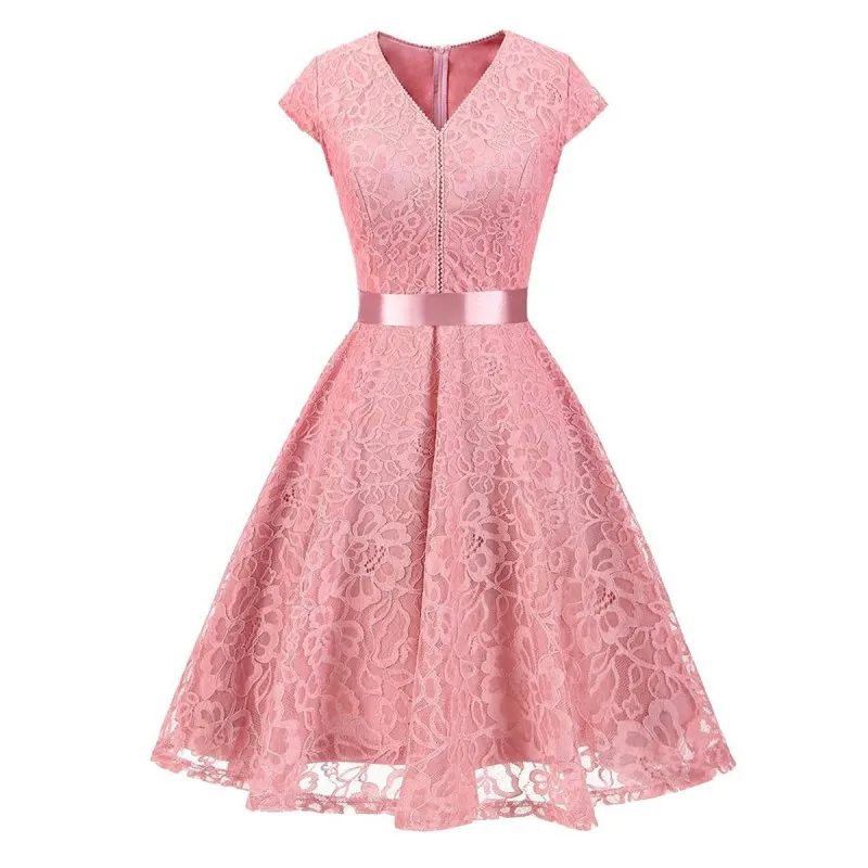 Aovica, кружевное лоскутное женское винтажное платье, весна-лето, с рукавом-крылышком, на булавке, рокабилли, Ретро стиль, женский халат для вечеринки, Vestidos - Цвет: pink dress