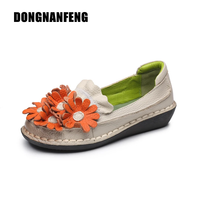 

DONGNANFENG Women Flats Shoes Cow Genuine Leather Female Slip On Vintage Casual Rubber Mother Loafers Shoes Superstar 35-40 OL-2