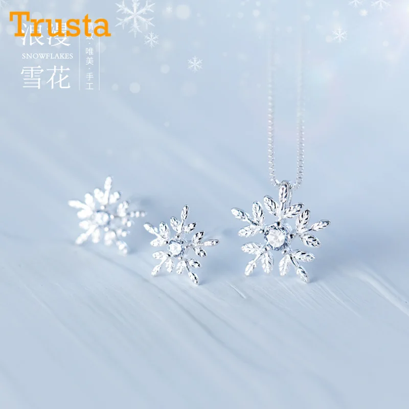 

Trusta 100% 925 Solid Real Sterling Silver 9mmX9mm Snowflake Stud Earring Pendant Short Necklace For Girl Women Jewelry DS1144