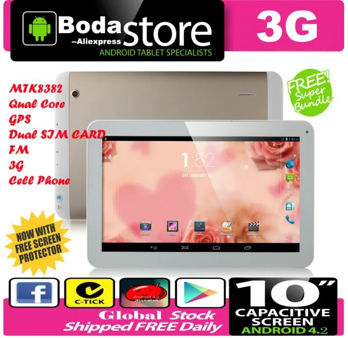 3g сотовый телефон Tablet PC MTK8382 gps, Bluetooth, FM радио, 4 ядра 10,1 дюймов ips Android 4,2 Dual SIM 8 ГБ карта Золотой