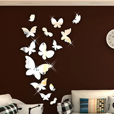 Stickers Muraux Miroir Papillon Decoration 3D Miroir Adhesif Mural Stickers  Muraux Combinaison de Papillons Décoration de la Maison GROOFOO (28pcs)