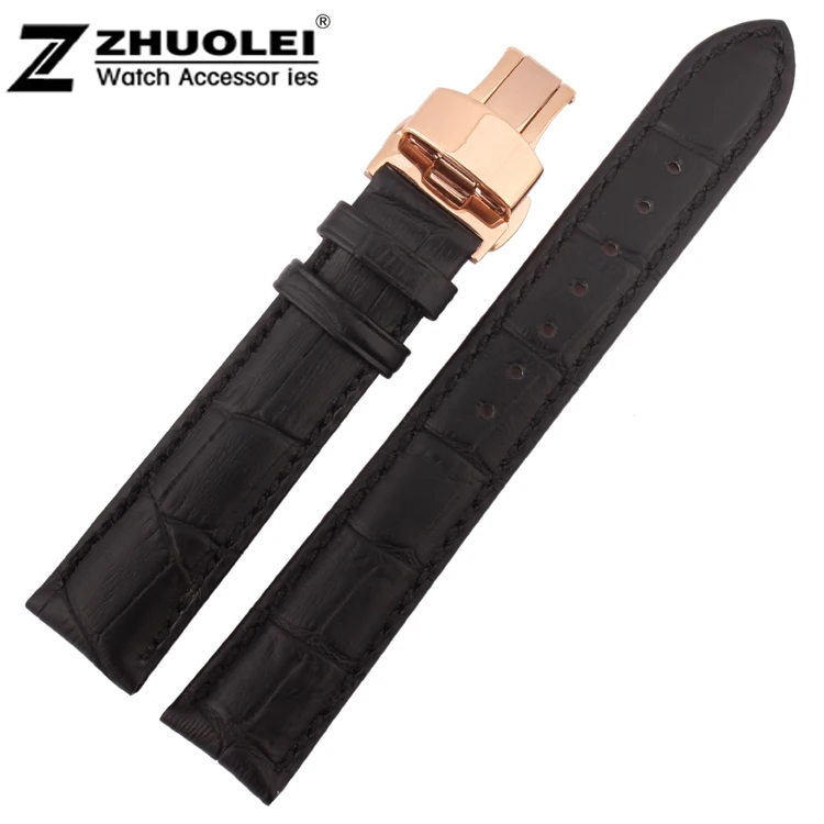

16 18 19 20 21 22 23 24 New Top Quality Black Genuine Leather Watch Strap Alligator Pattern Watchband Rose Gold Deployment Clasp
