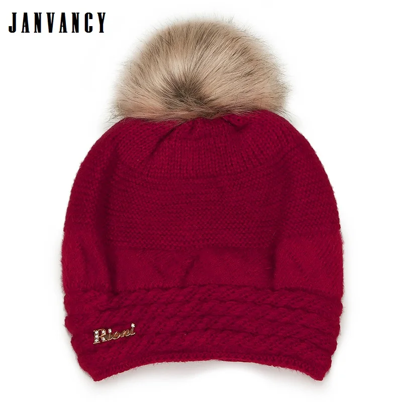 

Fall and Winter Natural Rabbit fur Knitted Beanies Women Pompom Thick Velvet Warm Hat Shiny letter Red Cap Ear protection Tuque