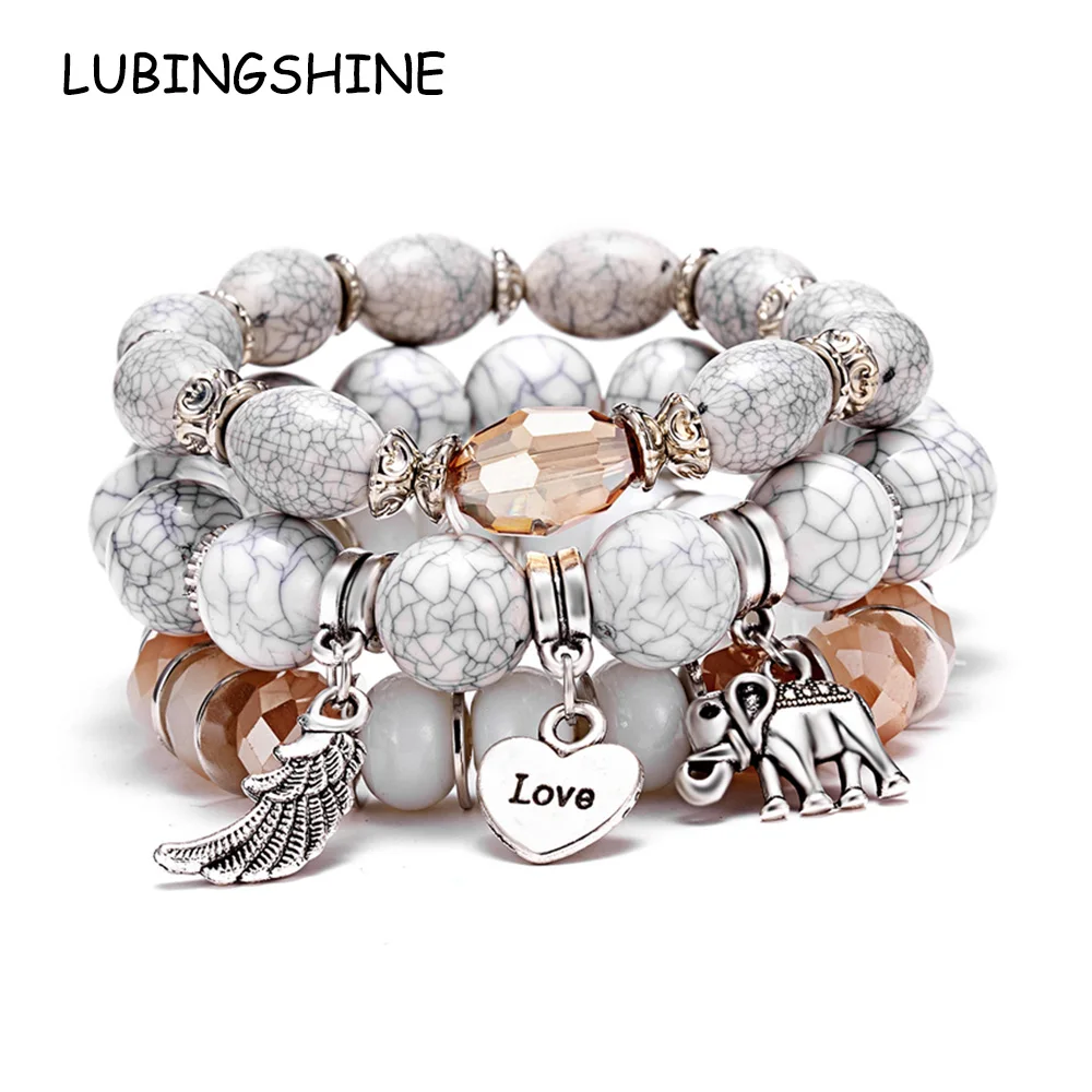 

Women Multilayer Big Crystal Beads Distance Bracelet&Bangle Boho Natural Stone Statement Heart Elephant Charms Bracelets Jewelry