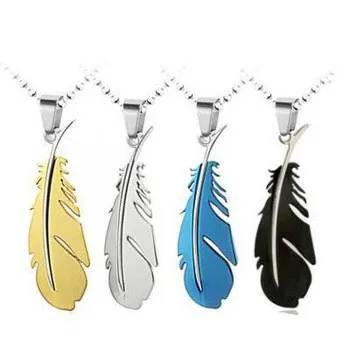 

Free Shipping Fashion 316L Stainless Steel Feather Pendant Necklace Fine Jewelry Black / Blue / Gold / Silver With Bead Chain