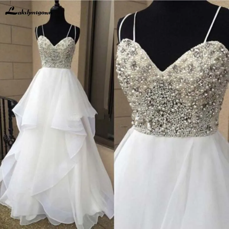 Lakshmigown, украшенный бисером, милое, двойное платье-спагетти, длина до пола, шифоновое свадебное платье с оборками