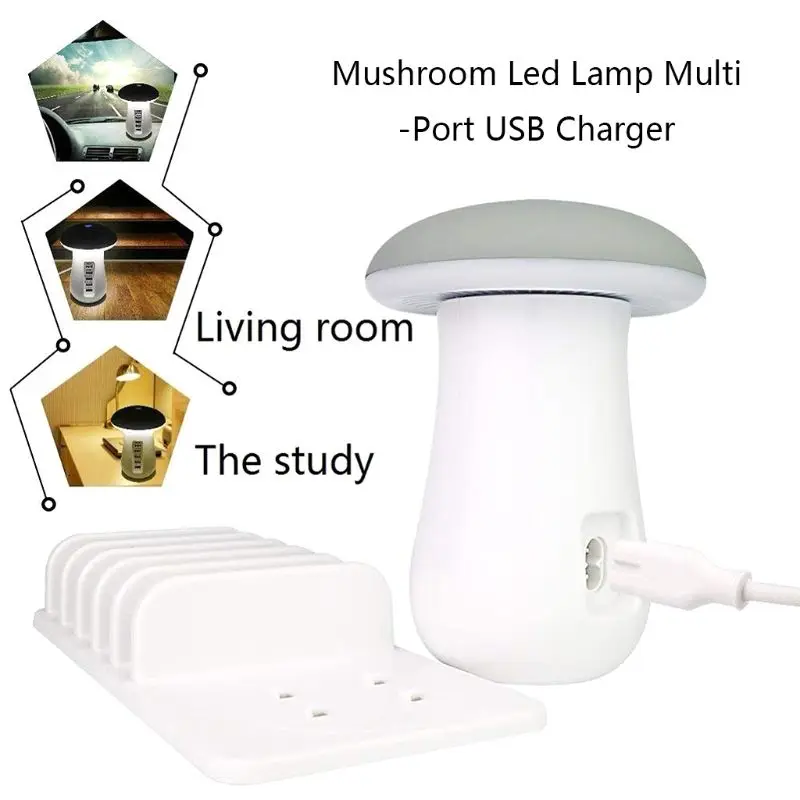 

LED Mushroom Shape LED Desk Night Light With Quick Charge 3.0 USB Charger 5 Port Table Lamp Phone Charging Tablet Night Lamp