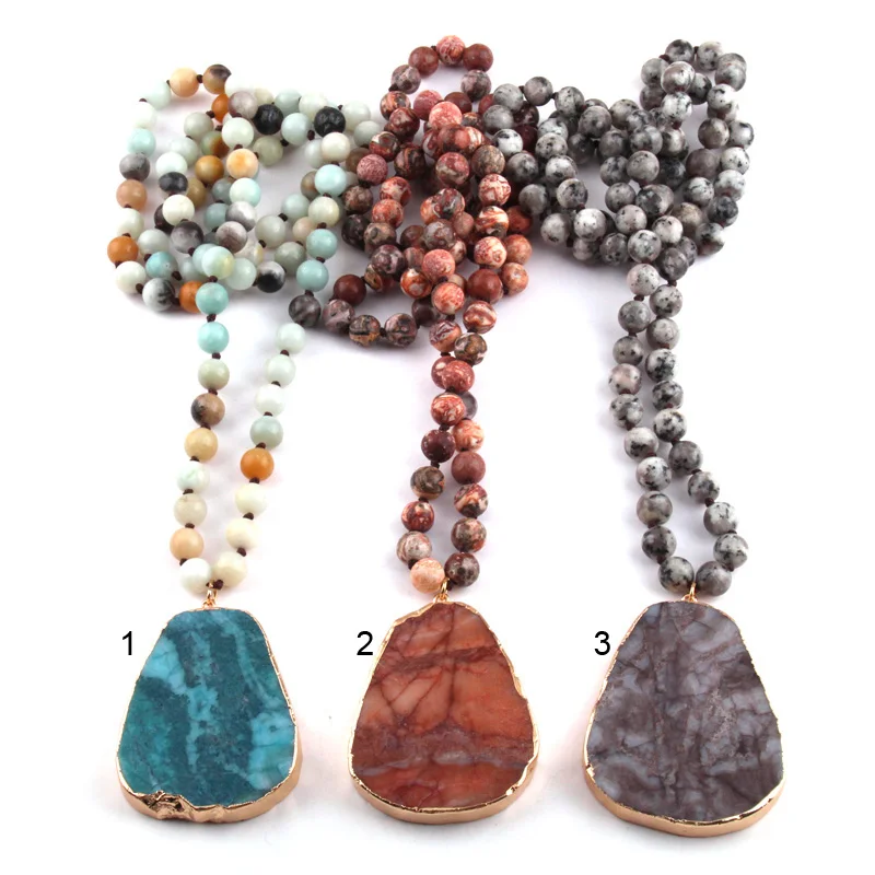 

Fashion 8mm Natural Map Stone Knotted with Irregular Stone Pendant Handmade Necklace Women Jewelry