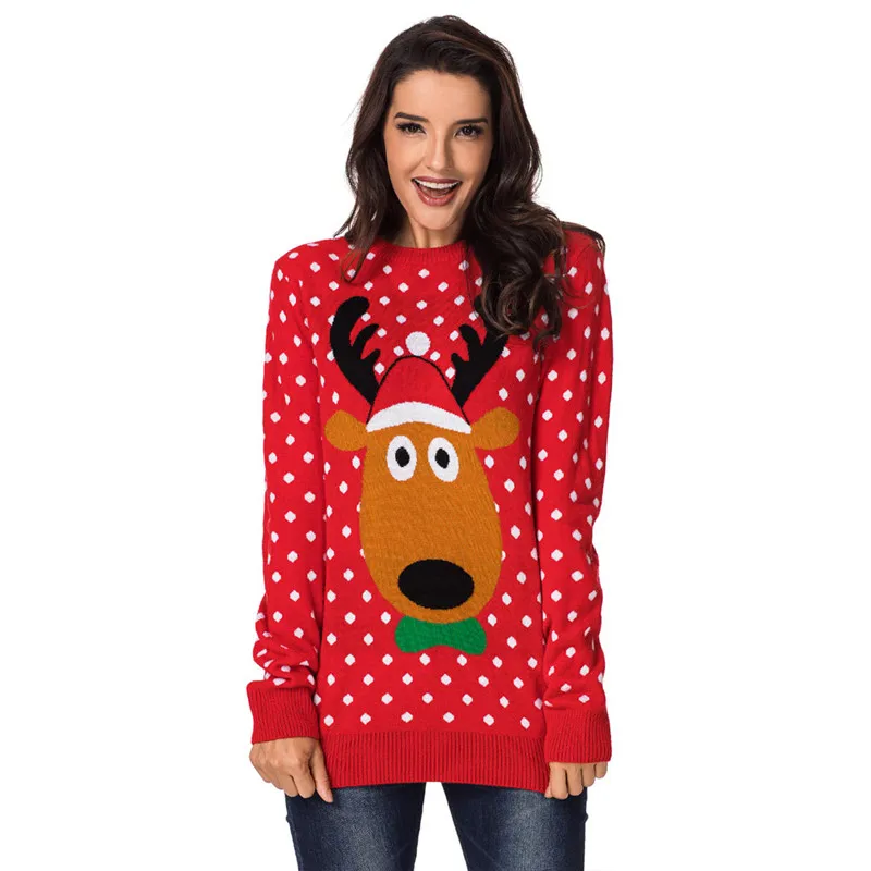 

Cute Reindeer Wearing Xmas Hat Patterned Christmas Sweater for Women Nice Dot Pattern Christmas Pullover Jumper Oversized S-2XL