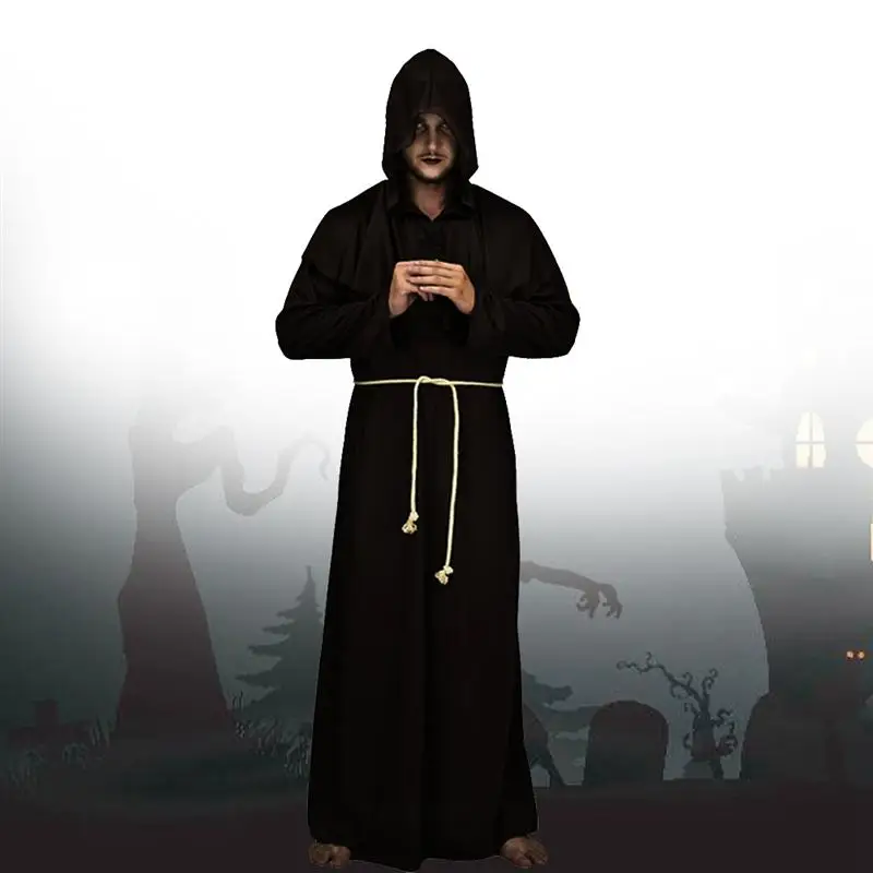 

Halloween Cosplay Costume Cloak Medieval Priest Monk Robe Hooded Cap For Wizard Sorcerer Adult Size XL Black Color A3