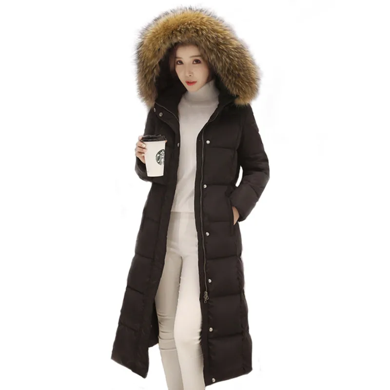 Пуховик на-30 градусов, новинка, зимняя куртка, Женская длинная куртка с большим меховым капюшоном, куртки и пальто на утином пуху, женские толстые парки, LH435 - Цвет: black