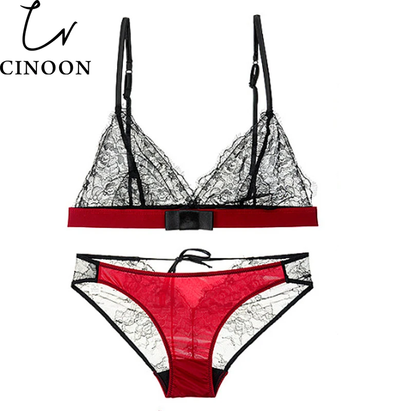 CINOON Lace Bra Set Wireless Brassiere Suit See Through
