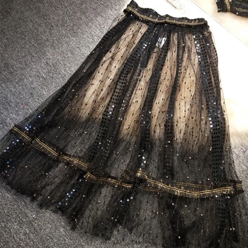 

New Black skirts female sequins beads fairy long tall waist skirt in white gauze skirt insight joining together