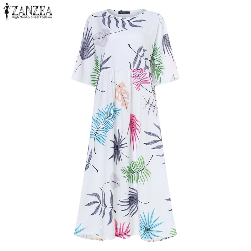 Богемный сарафан, женское пляжное платье с цветочным принтом, ZANZEA, летнее, с круглым вырезом, с рукавом до локтя, для вечеринки, Vestido, повседневные свободные платья, кафтан