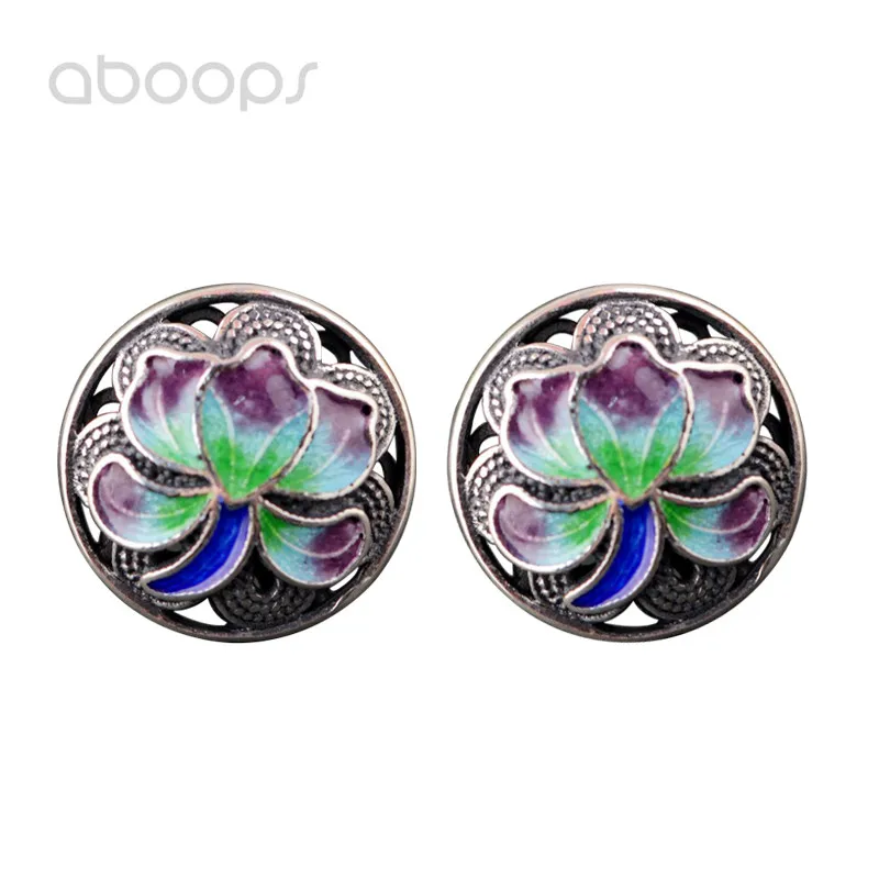 

12mm Vintage 925 Sterling Silver Enamel Round Lotus Flower Filigree Stud Earrings for Women Girls Free Shipping