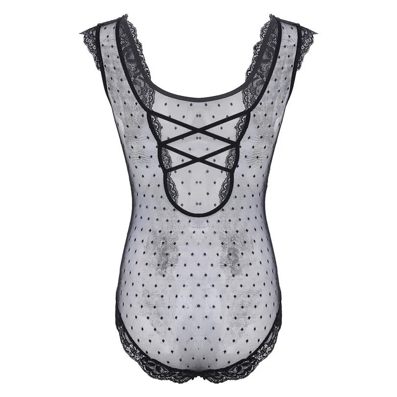 iEFiEL Mens Crossdress Lingerie Sissy Floral Lace Polka Dots Bodysuit Jumpsuit Nightwear Sleepwear See Through Mesh Underwear -