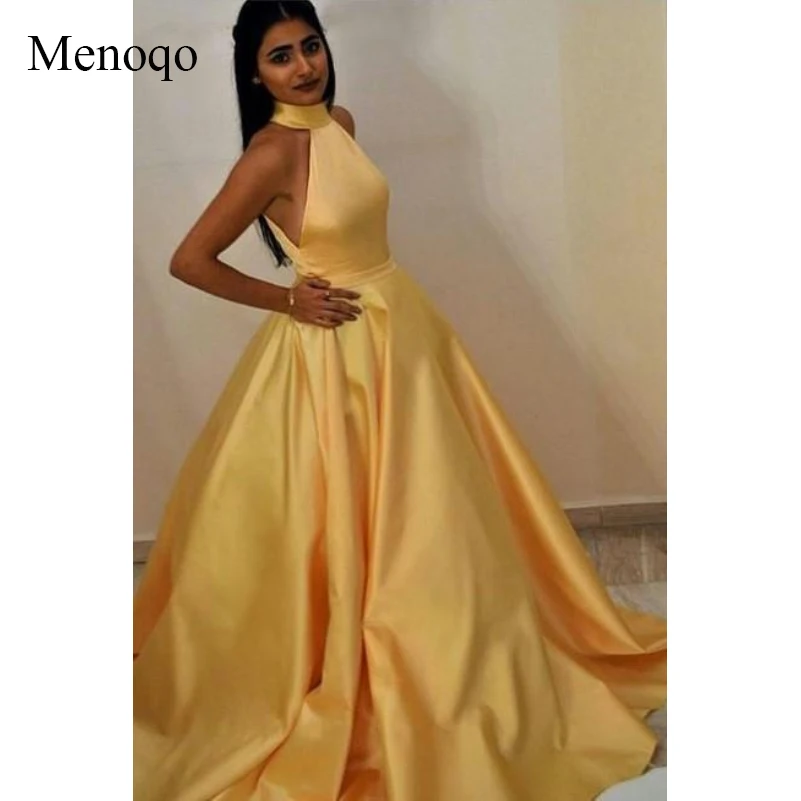 High Neck Yellow Prom Gown with Satin Full Skirt--