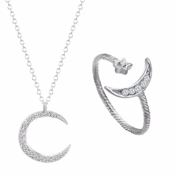 Kinitial 2pcs Star Moon Jewelry Choker Fashion Jewelry Set Rhinestone Women Jewelry Statement Ring/Necklace Pendant Bijoux