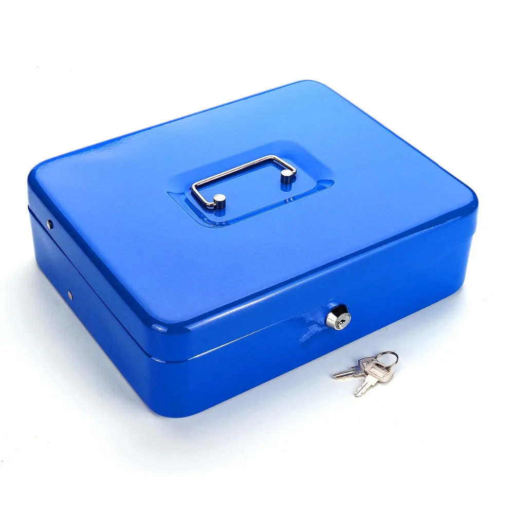

12" Inch Blue Portable Cash Box With Drawer Lockable Metal Money Box Coin Cash Piggy Bank Home Store Jewelry Safe 30x24x9cm
