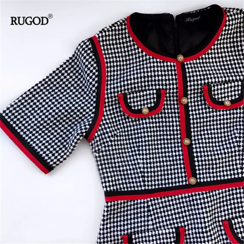 Женское твидовое платье Rugod серое с круглым вырезом и коротким рукавом лоскутное