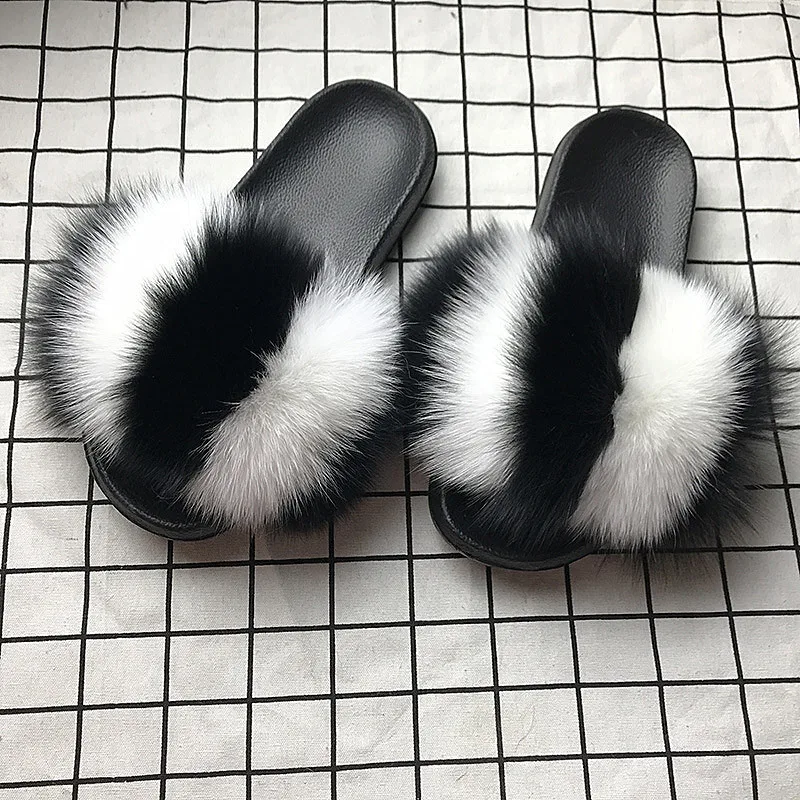 Black and white fluffy slides Clearance