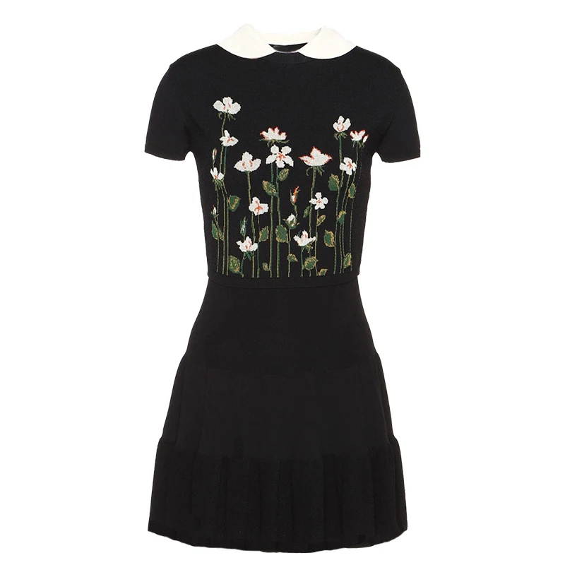 

KENVY Brand Fashion Women's High-end Luxury Summer Vintage Black Short-sleeved Flower Embroidery knitted Dress