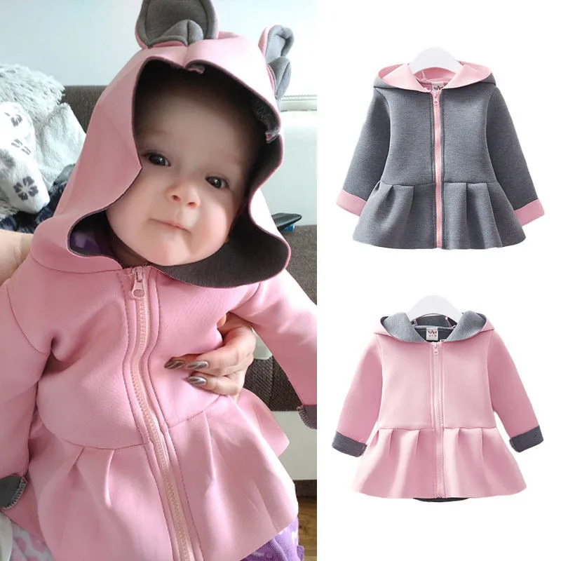 Baby Girl Hooded Coat Jacket Gray/Pink Ruffles 3D Bunny Rabbit Ear