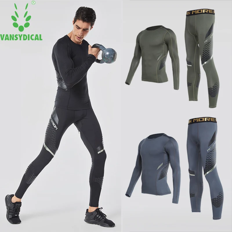 

Vansydical Men's sports fitness Long Sleeve Shirts and Tight Pants Training Basketball Suits Compression joggers Running Sets