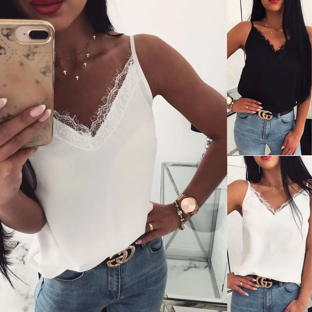 

Women Casual Silk Lace Vest Patchwork Summer Tank Tops Vest Blouse Crop Cami Camisole Top