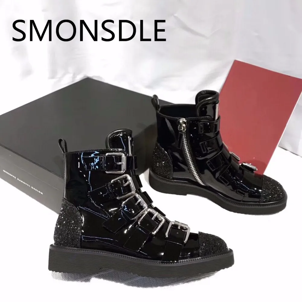 

2018 New Spring Autumn Real Leather Women Ankle Boots Buckle Side Zip Square Toe Women Shoes Black Motorcycle Boots Shoes Woman