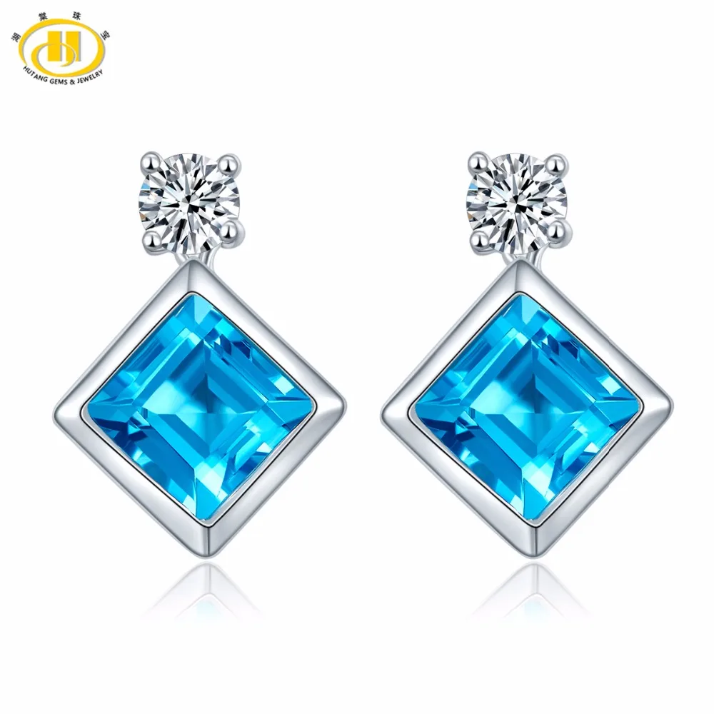 

Hutang Solid 925 Sterling Silver 1.62ct Natural Gemstone Swiss Blue Topaz Stud Earrings Fine Stone Jewelry For Women's Gift NEW