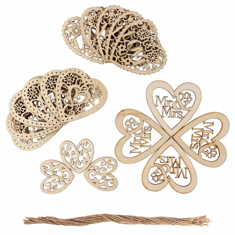 OurWarm 10Pcs Wood Weddings Embellishment Laser Cut Love Heart Hanging Ornament Mr Mrs Rustic Wedding Decoration