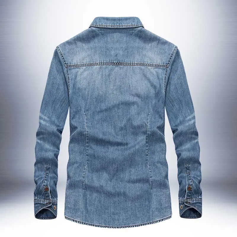 Mens Shirts Casual Long Sleeve Denim Cotton Shirt 2 Pocket Embroidery Male Clothes  Jeans Shirts Loose Baggy Plus Size S-4XL