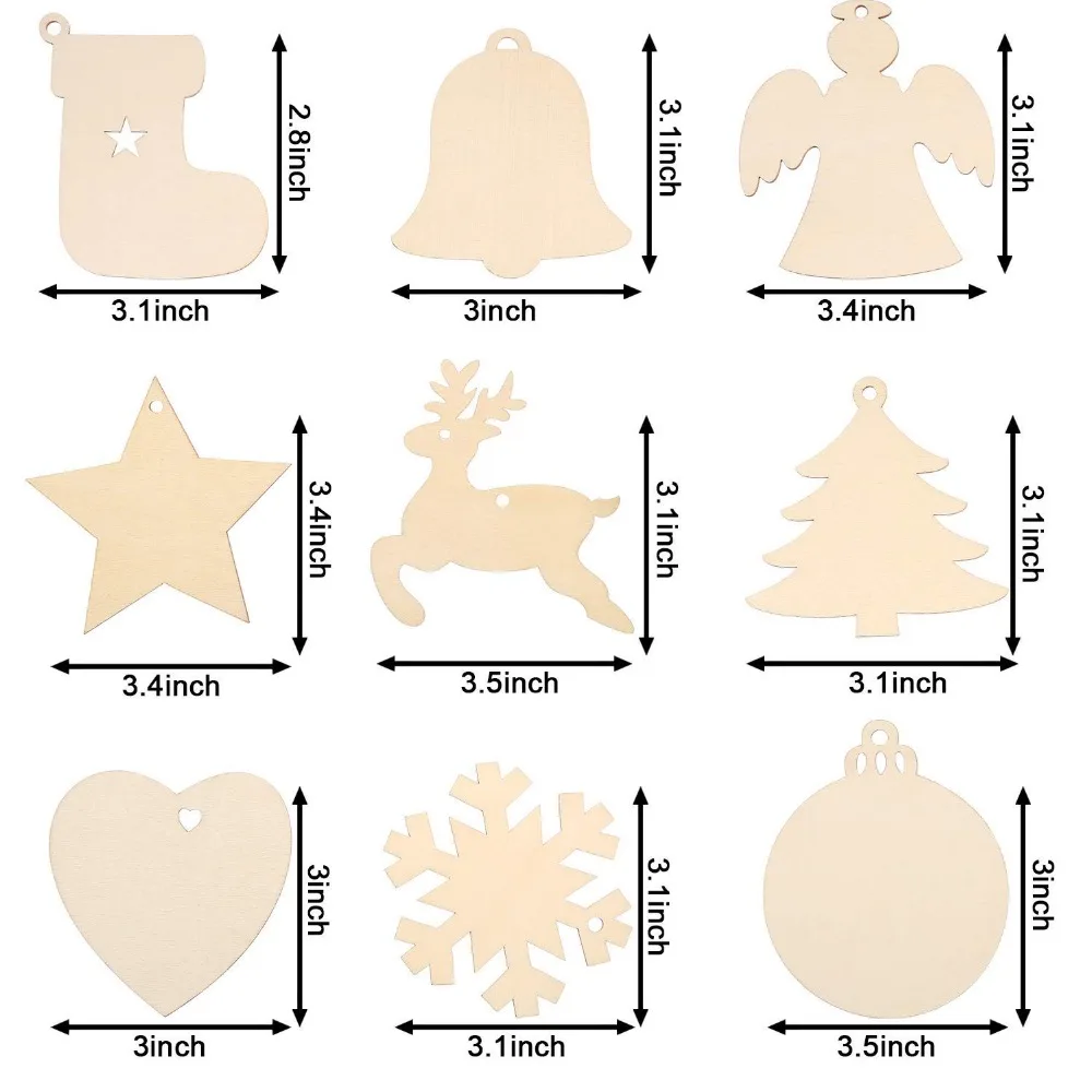 90 шт. незавершенные украшения рождественские деревянные украшения Висячие украшения ремесла для DIY, рождественские висячие украшения