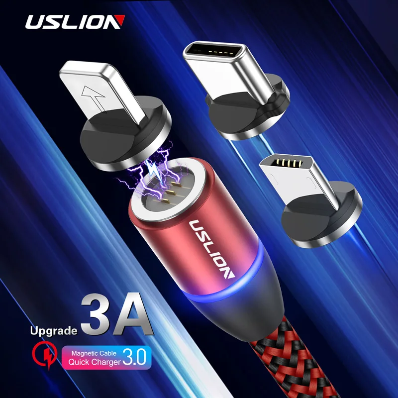 Магнитный кабель USLION 3A Micro USB Type C зарядное устройство для iPhone XS X 8 7 Samsung Huawei