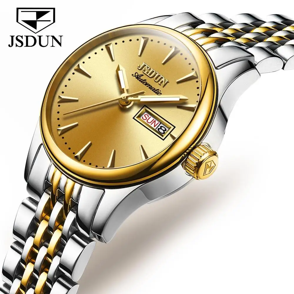 JIN SHI DUN Лидирующий бренд роскошные механические Женские часы водонепроницаемые женские стальные часы Автоматические классические часы Montres Femme - Цвет: Gold Silver Gold