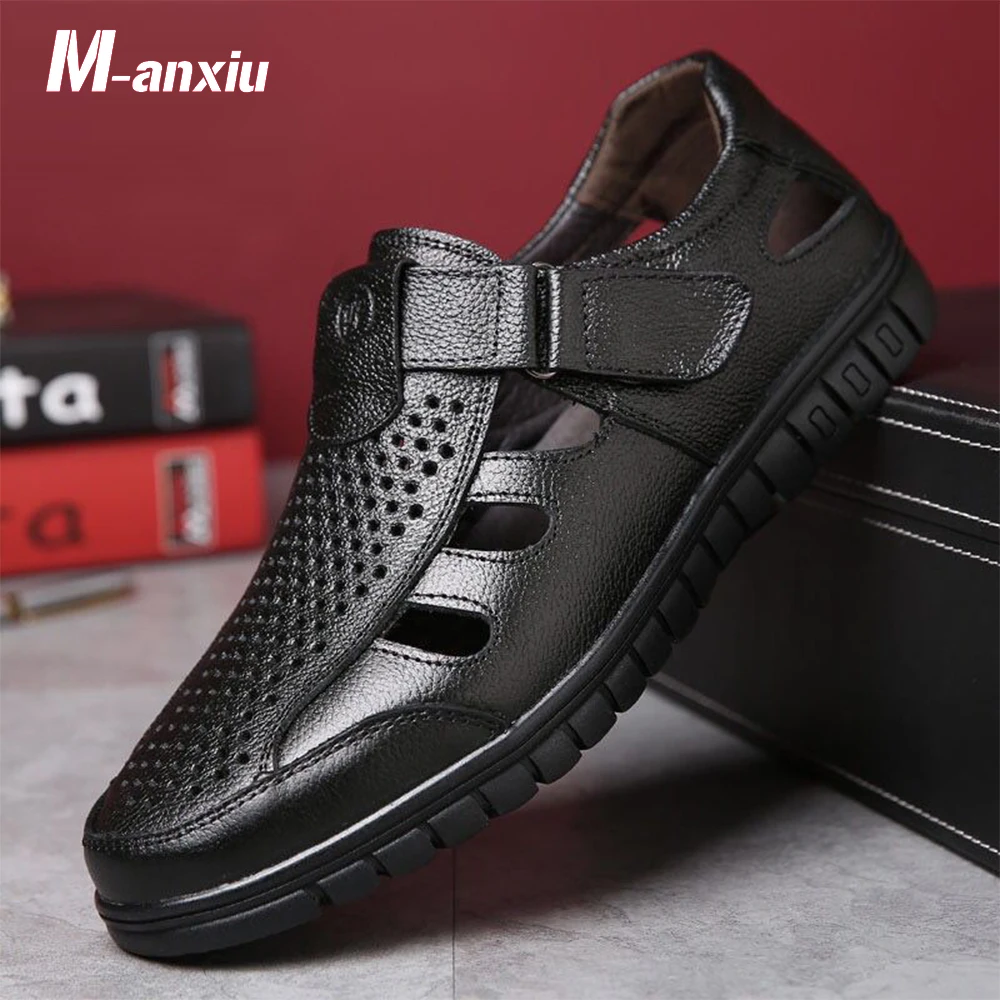 

M-anxiu 2020 Summer Ankle Hook & Loop Strap Hollow Out Men Sandal Casual Genuine Leather Rubber Sole Anti Skid Summer Shoes