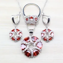 925 пробы Серебряный Свадебный костюм Ювелирные наборы для женщин полые круглые серьги с красным Цирконом/кулон/ожерелье/кольцо A98