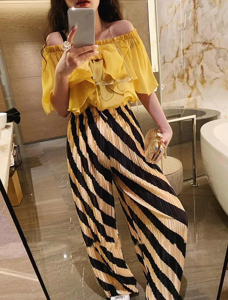 WHITNEY WANG Summer Fashion Streetwear Colors Contrast Striped Wide Leg Pants Women Casual Pants