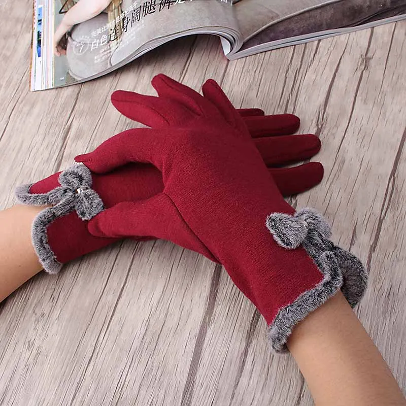 Модные зимние теплые однотонные Бархатные перчатки для женщин классические Утепленные перчатки с бантиком трендовые женские уличные Элегантные наручные перчатки