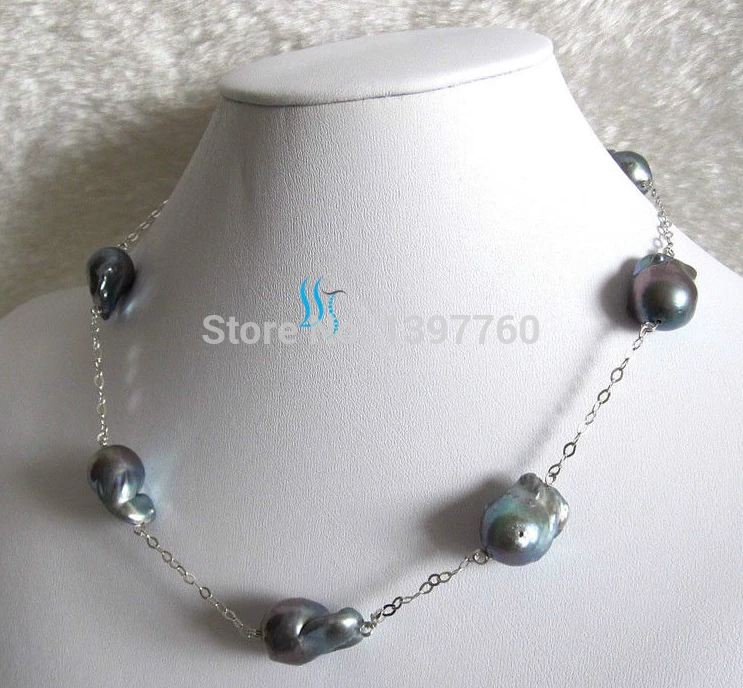 

Miss charm Jew.74 18" 15-22mm Peacock Nuclear Tin Cup Freshwater Pearl Necklace Silver Chain (A0322)