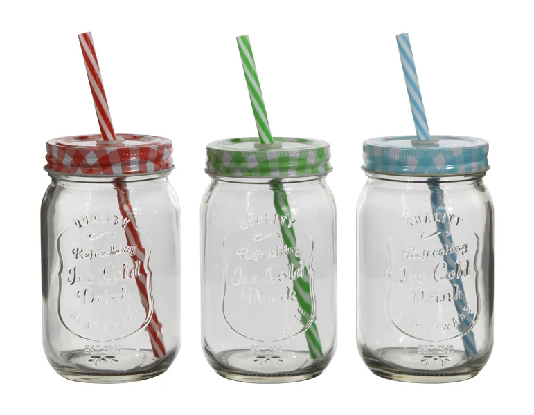 

450ml Glass Mason Drinking Jars with checked Lids and striped Straws,3 color Asst. Packed of 6PCS USD33.00/lots