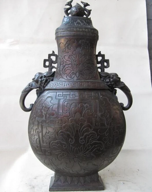 

Elegant old S1390 17 China Regius Palace 100% Pure bronze Carved elephant Zun Aquarius Pot Vase statue (A0322) A0403