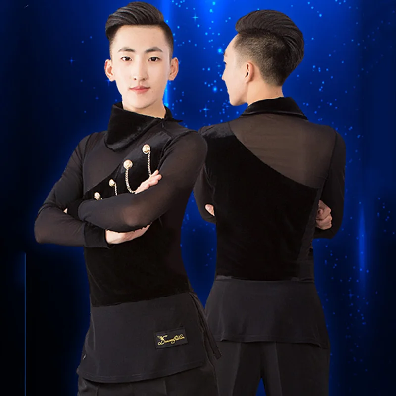 Рубашки для латинских танцев мужские черные бархатные лацканы с длинными рукавами ча-Румба Самба Одежда Мужская одежда для соревнований DNV11731