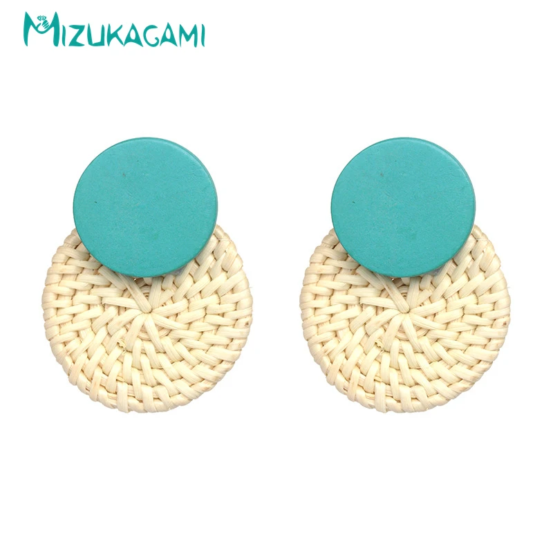 

MIZUKAGAMI Fashion Blue Round Handmade Rattan Straw Weave Long Paragraph Exaggerated Simple Drop Earrings Female Wedding Earring