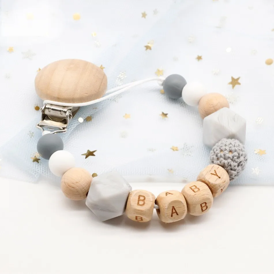 Dummy clip pacifier chain holder wood silicone bpa free baby newborn gift custom personalized name personalised beads beech