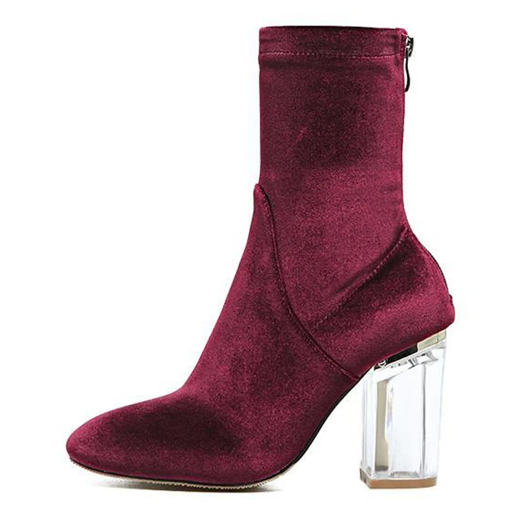LALA IKAI Transparent Crystal Heel Short Boots Women Velvet High Heel Ankle Boot Fashion Women's Winter Boots (5)