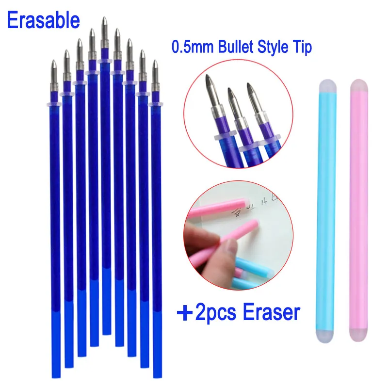 

10Pcs/Set +2Pcs Eraser Gel Pen Refill Rod 0.5mm Magic Erasable Pen Accessories Blue Ink Office School Student Writing Stationery