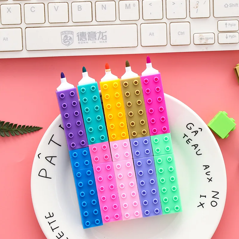 

36pcs/ box Lovely Lego toy Shaped Candy Color Highlighter Pens For Writing Cute Face Graffiti Marker Pen School Office Supply
