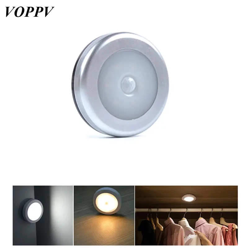 Goede VOPPV PIR Bewegingssensor LED Kast Verlichting 6 Leds Ronde Draadloze Closet Cabinet Lamp voor Keuken Slaapkamer Gang Trap Verlichting